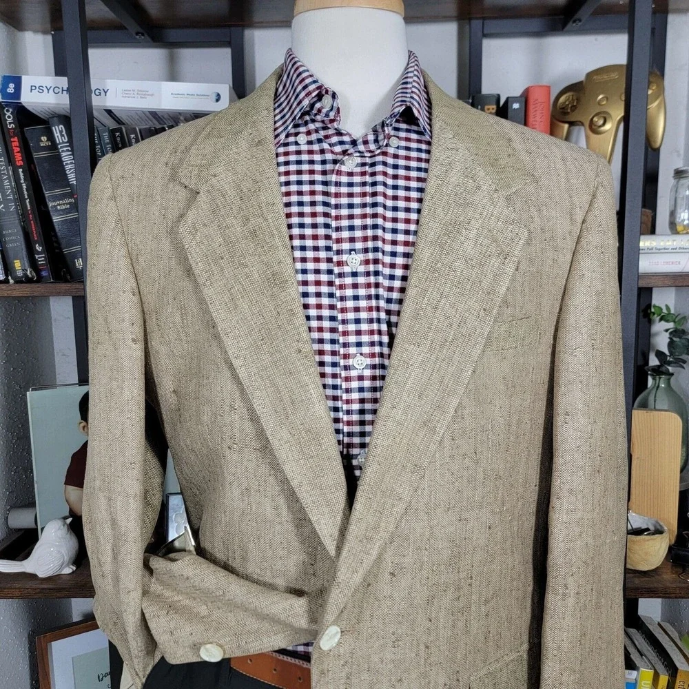 VTG Town Craft Men's Sport Coat Blazer Two Button Dark‎ Beige Silk Size 44L